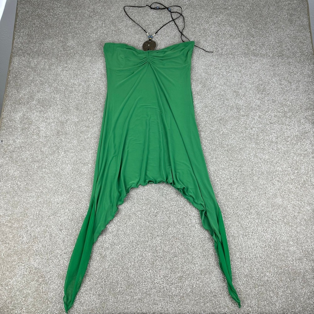 Vintage Y2K Green Halter Top Asymmetric Handkerchief Hem Medallion Boho Large